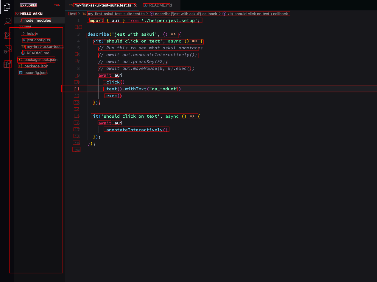 Screenshot of Visual Studio Code with annotations as red bounding boxes.